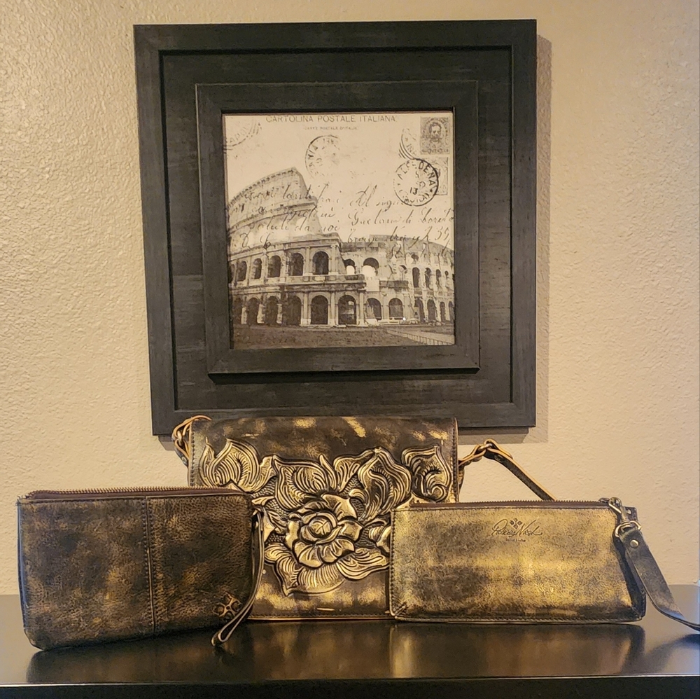 Patricia Nash "Metallic Nights" Rose-tooled Flap Shoulder Bag w2 bonus Wristlets